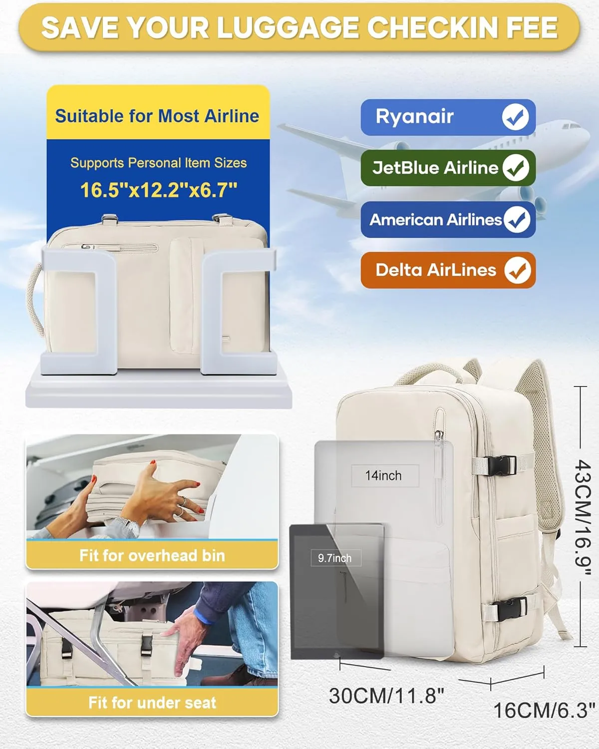 Vacuum Seal Compression Travel Backpack with Pump for Women Men Airback Vacpack laptop Backpacks with Shoe Compartment Vacuum Seal Packing Carry on Backpack for Airplanes College Casual Daypack Beige