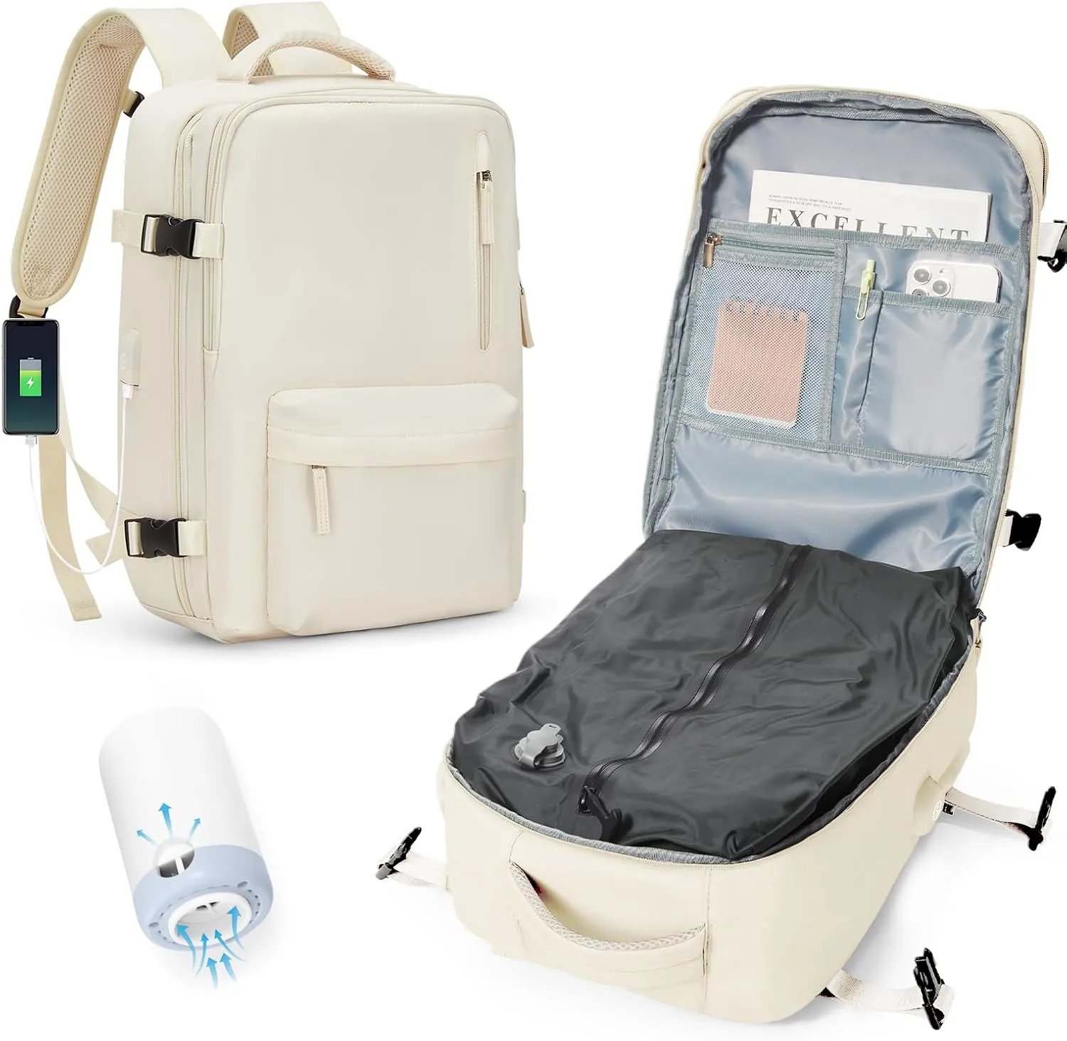 Vacuum Seal Compression Travel Backpack with Pump for Women Men Airback Vacpack laptop Backpacks with Shoe Compartment Vacuum Seal Packing Carry on Backpack for Airplanes College Casual Daypack Beige