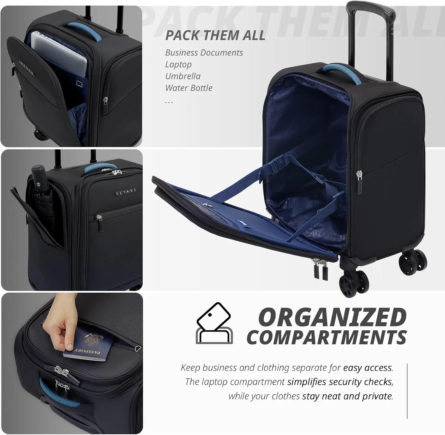 Verage 14.5 inch Underseat Carry On Luggage with Wheels, Black Softside Small Suitcase Spinner Wheeled Rolling Travel Laptop Bag for Airlines Airplanes Short Trip Men Women