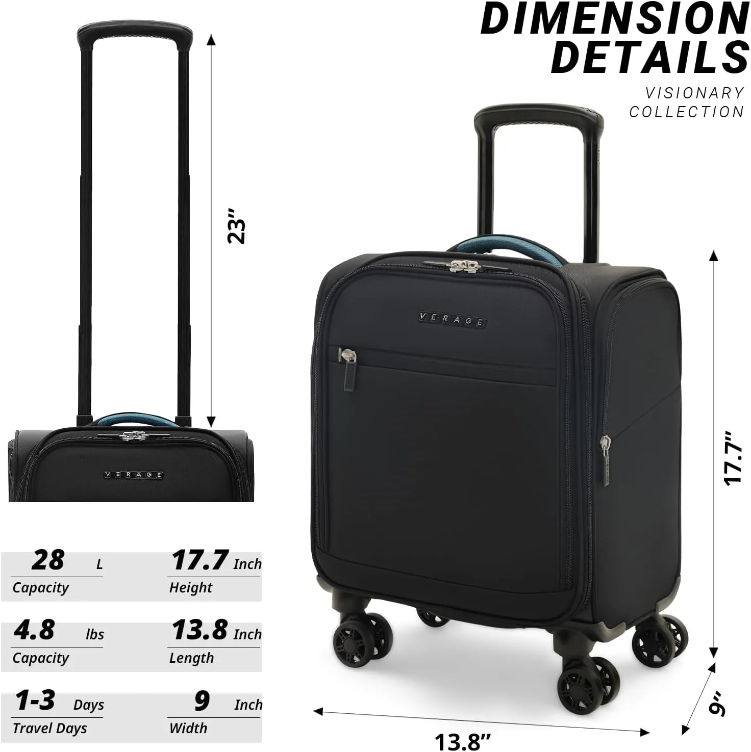 Verage 14.5 inch Underseat Carry On Luggage with Wheels, Black Softside Small Suitcase Spinner Wheeled Rolling Travel Laptop Bag for Airlines Airplanes Short Trip Men Women