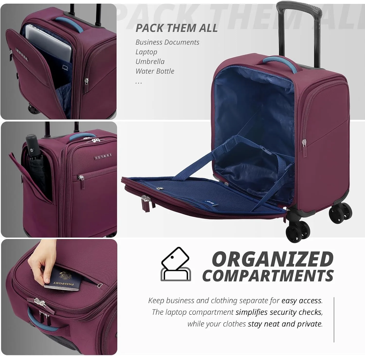 Verage 14.5 inch Underseat Carry On Luggage with Wheels, Softside Small Suitcase Spinner Wheeled Rolling Travel Laptop Bag for Airlines Short Trip Men Women (Grape red, 14.5-Inch Plus Underseat)