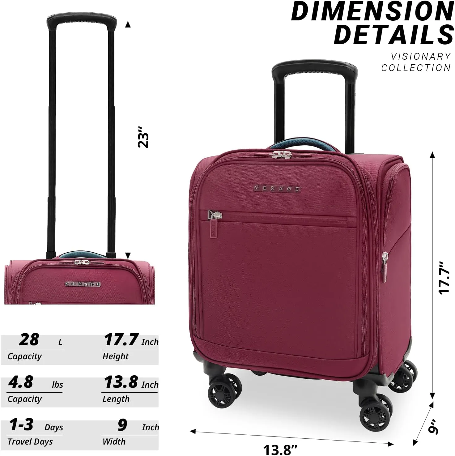 Verage 14.5 inch Underseat Carry On Luggage with Wheels, Softside Small Suitcase Spinner Wheeled Rolling Travel Laptop Bag for Airlines Short Trip Men Women (Grape red, 14.5-Inch Plus Underseat)