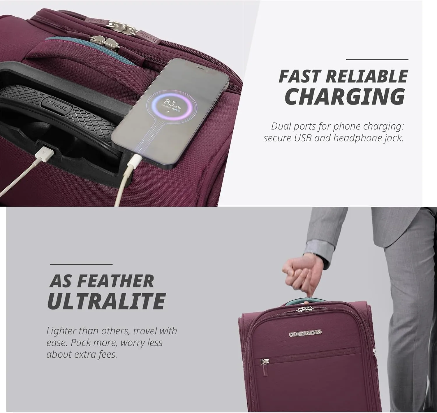 Verage 14.5 inch Underseat Carry On Luggage with Wheels, Softside Small Suitcase Spinner Wheeled Rolling Travel Laptop Bag for Airlines Short Trip Men Women (Grape red, 14.5-Inch Plus Underseat)