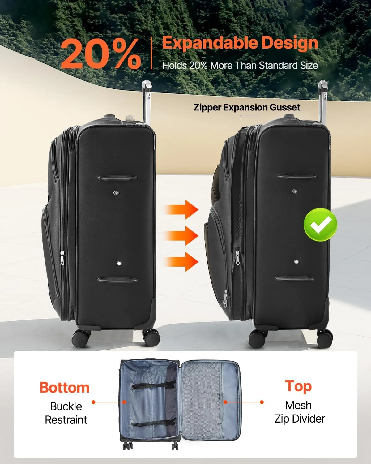 VEVOR Softside Expandable Luggage with Spinner Wheels, 28-Inch Softside Checked Large Luggage, Lightweight Checked Suitcase with Expandable Zippered Pocket and TSA Lock, Black