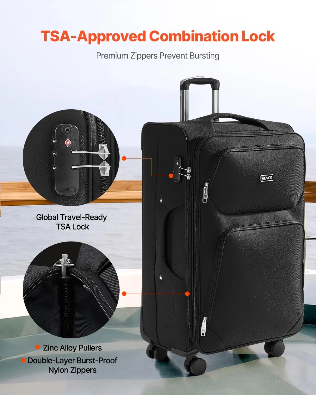 VEVOR Softside Expandable Luggage with Spinner Wheels, 28-Inch Softside Checked Large Luggage, Lightweight Checked Suitcase with Expandable Zippered Pocket and TSA Lock, Black