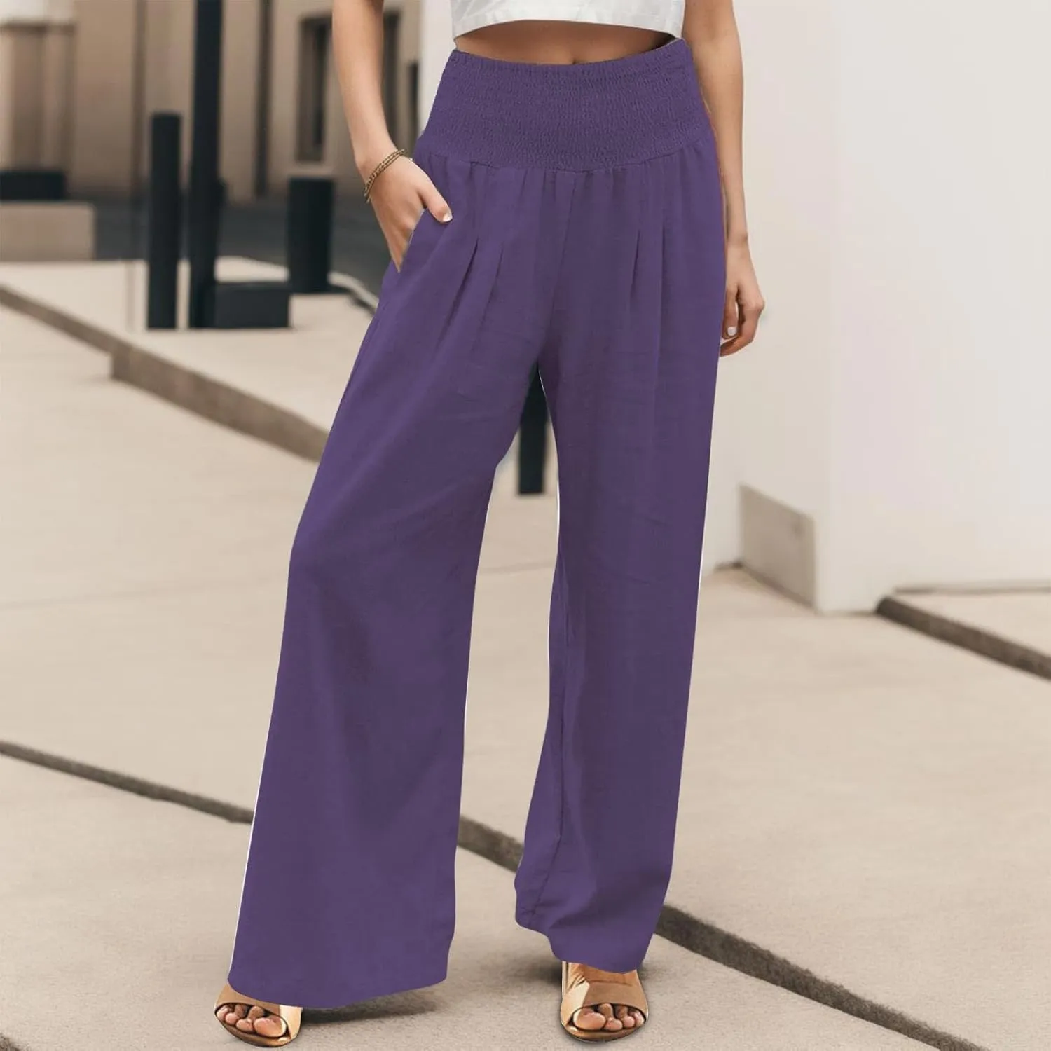 Wide Leg Linen Pants for Women Summer Elastic Waistband Palazzo Pants Flowy Casual Pants Loose Fit Cotton Linen Trousers