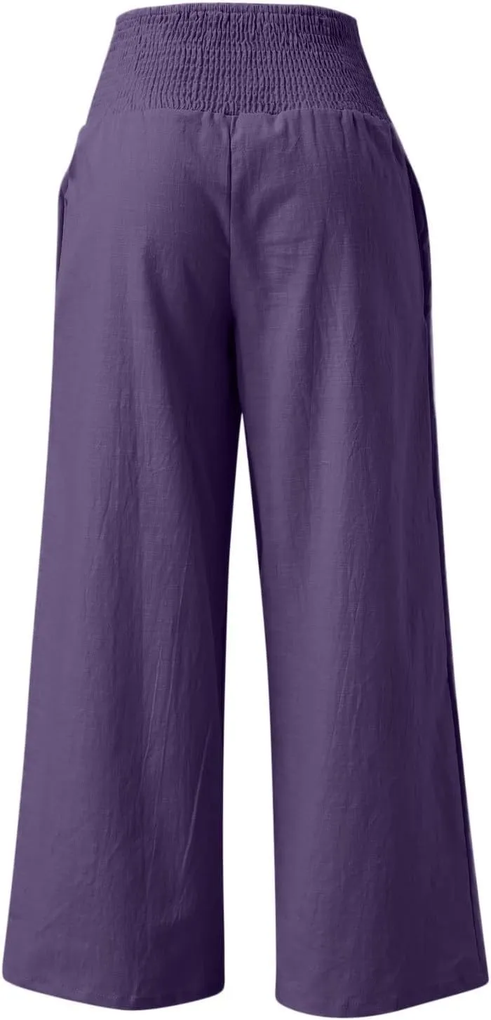 Wide Leg Linen Pants for Women Summer Elastic Waistband Palazzo Pants Flowy Casual Pants Loose Fit Cotton Linen Trousers