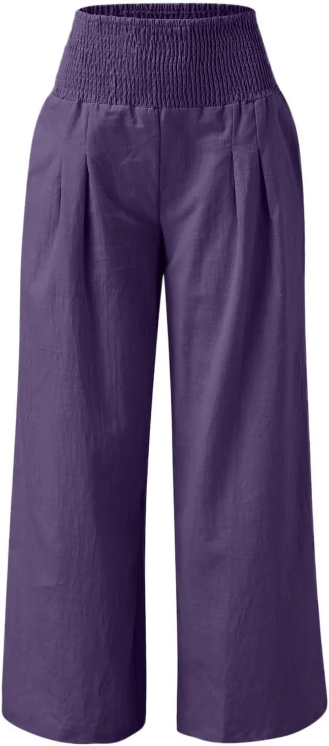 Wide Leg Linen Pants for Women Summer Elastic Waistband Palazzo Pants Flowy Casual Pants Loose Fit Cotton Linen Trousers