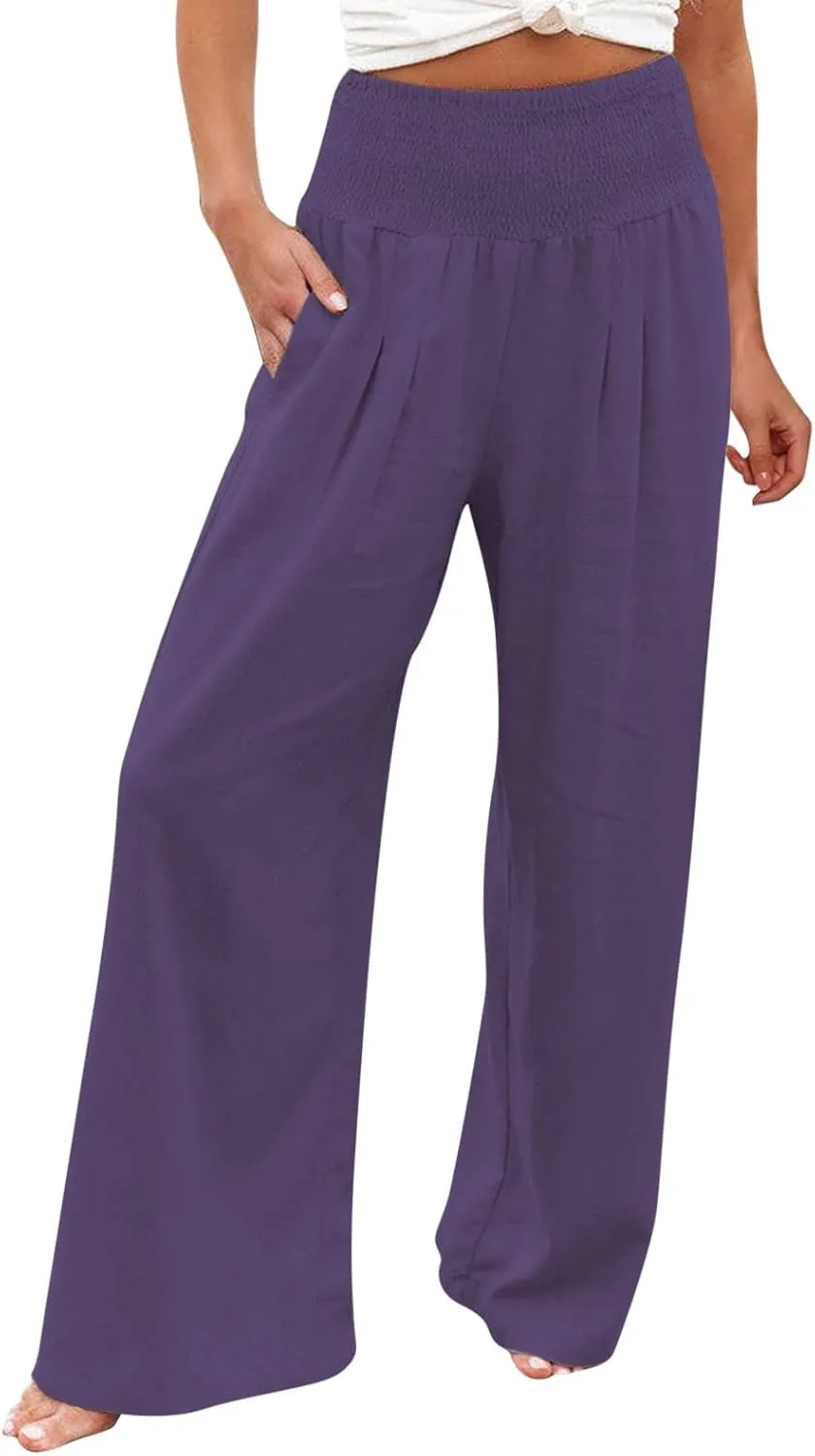 Wide Leg Linen Pants for Women Summer Elastic Waistband Palazzo Pants Flowy Casual Pants Loose Fit Cotton Linen Trousers