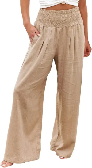 Wide Leg Linen Pants for Women Summer Elastic Waistband Palazzo Pants Flowy Casual Pants Loose Fit Cotton Linen Trousers