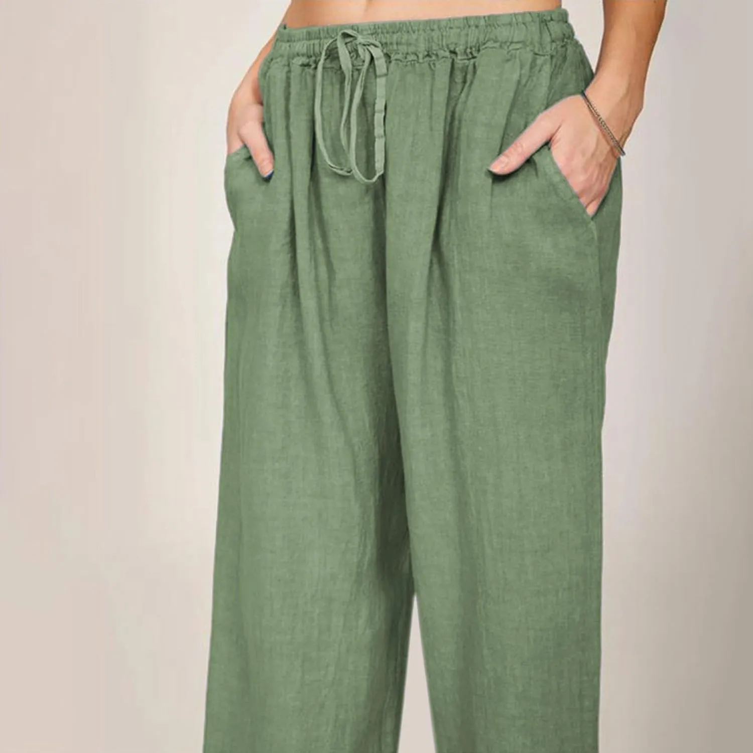 Wide Leg Linen Pants Women Summer Drawstring High Waisted Casual Pants Flowy Palazzo Pants Lightweight Beach Trousers