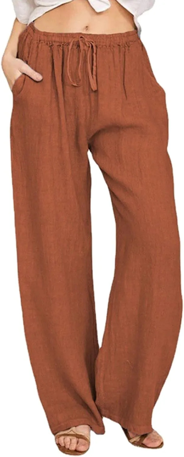 Wide Leg Linen Pants Women Summer Drawstring High Waisted Casual Pants Flowy Palazzo Pants Lightweight Beach Trousers