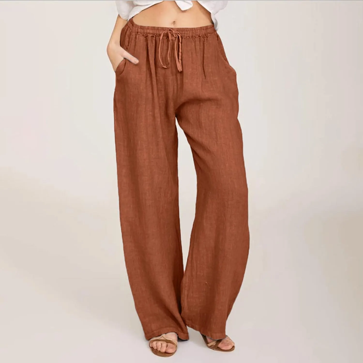 Wide Leg Linen Pants Women Summer Drawstring High Waisted Casual Pants Flowy Palazzo Pants Lightweight Beach Trousers