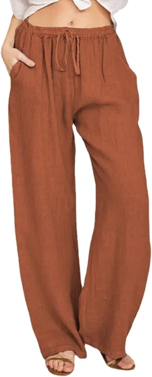 Wide Leg Linen Pants Women Summer Drawstring High Waisted Casual Pants Flowy Palazzo Pants Lightweight Beach Trousers