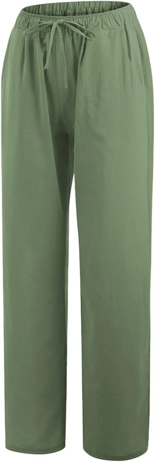 Wide Leg Linen Pants Women Summer Drawstring High Waisted Casual Pants Flowy Palazzo Pants Lightweight Beach Trousers