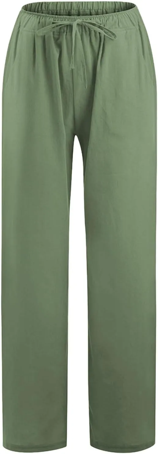 Wide Leg Linen Pants Women Summer Drawstring High Waisted Casual Pants Flowy Palazzo Pants Lightweight Beach Trousers