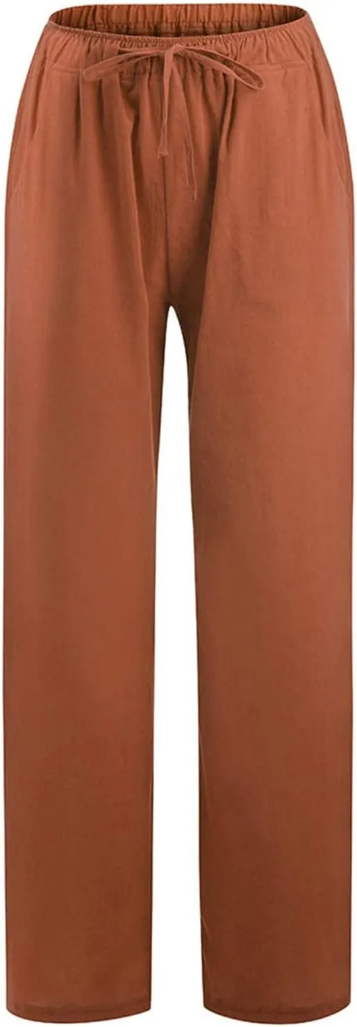 Wide Leg Linen Pants Women Summer Drawstring High Waisted Casual Pants Flowy Palazzo Pants Lightweight Beach Trousers