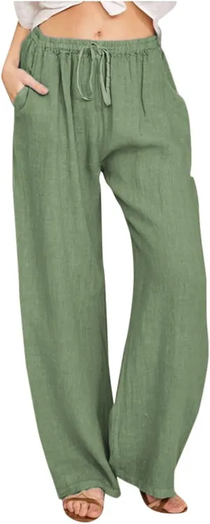 Wide Leg Linen Pants Women Summer Drawstring High Waisted Casual Pants Flowy Palazzo Pants Lightweight Beach Trousers