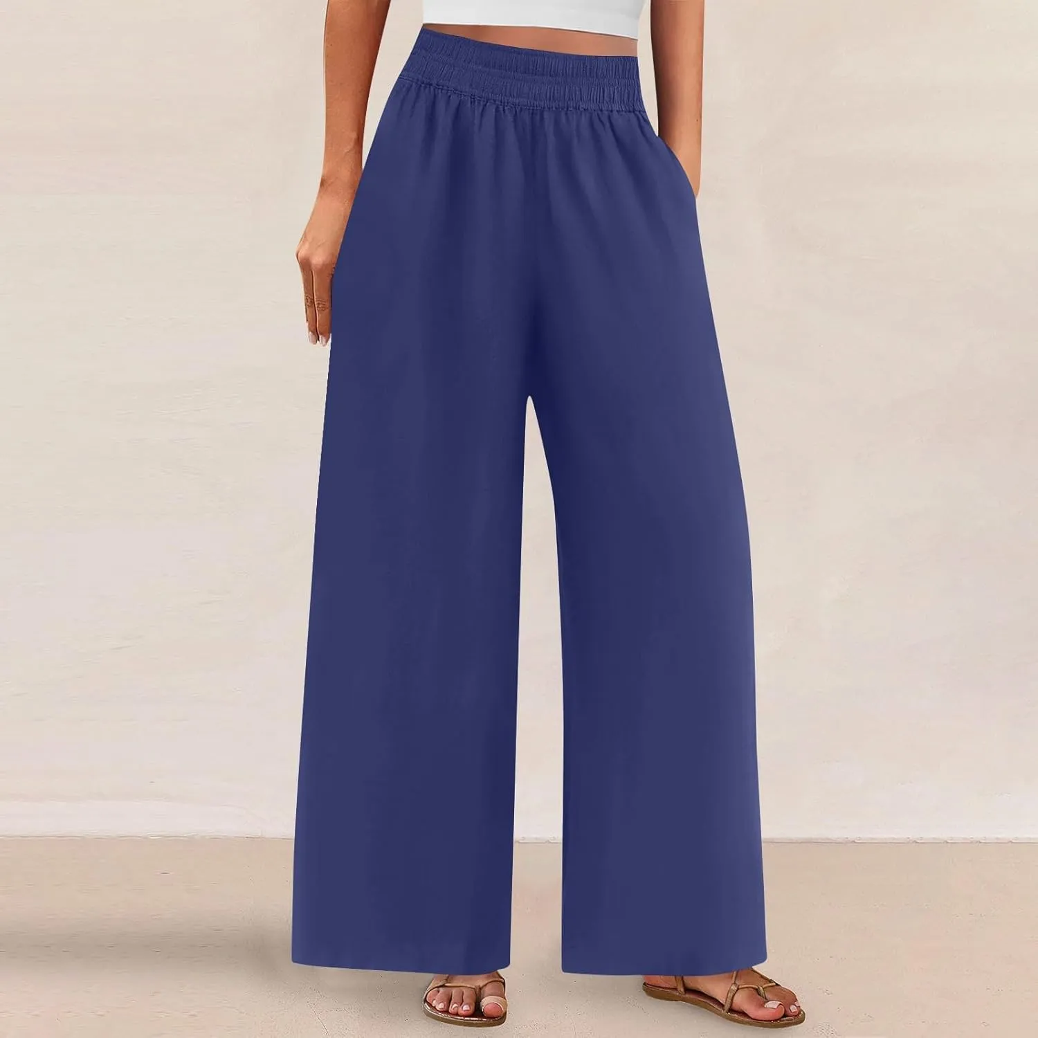 Wide Leg Pants Woman Cotton Linen Summer Dressy Casual Smocked High Waisted Palazzo Trousers with Pockets