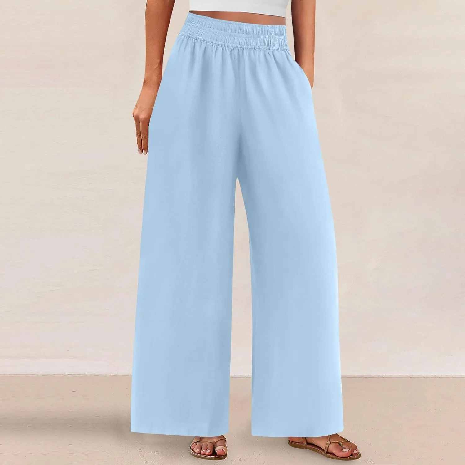 Wide Leg Pants Woman Cotton Linen Summer Dressy Casual Smocked High Waisted Palazzo Trousers with Pockets