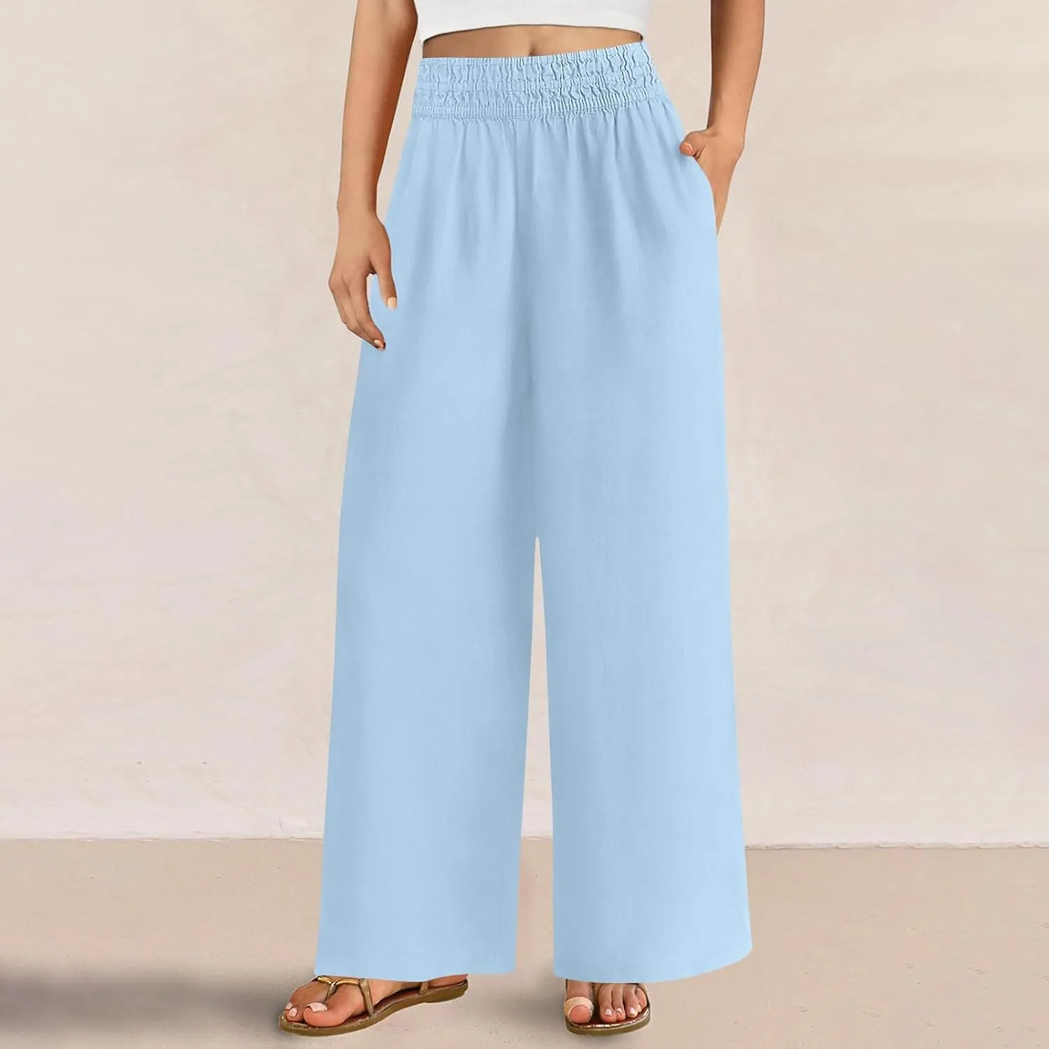 Wide Leg Pants Woman Cotton Linen Summer Dressy Casual Smocked High Waisted Palazzo Trousers with Pockets
