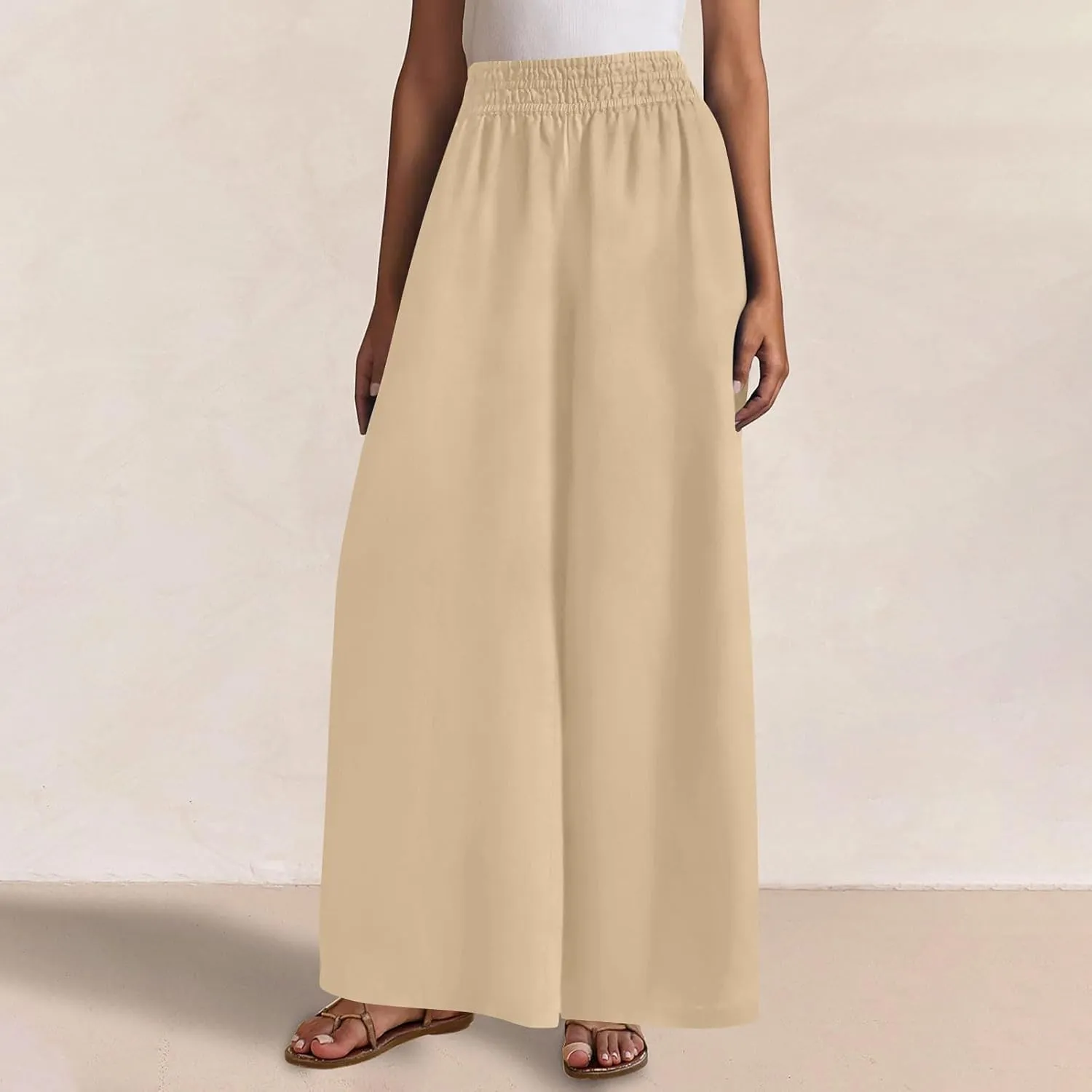 Wide Leg Pants Woman Cotton Linen Summer Dressy Casual Smocked High Waisted Palazzo Trousers with Pockets