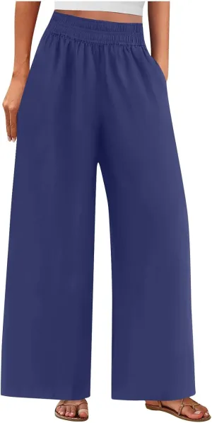 Wide Leg Pants Woman Cotton Linen Summer Dressy Casual Smocked High Waisted Palazzo Trousers with Pockets