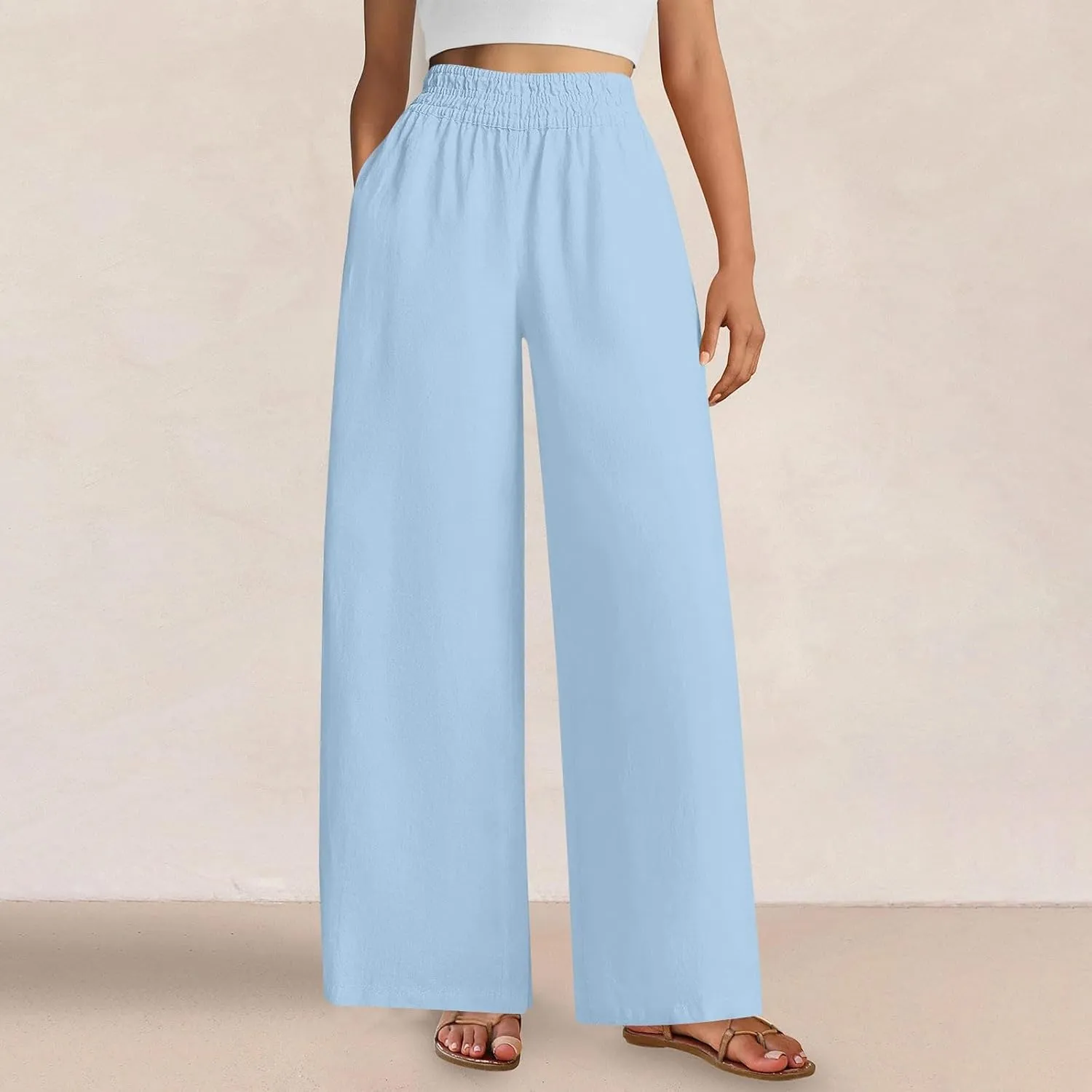 Wide Leg Pants Woman Cotton Linen Summer Dressy Casual Smocked High Waisted Palazzo Trousers with Pockets