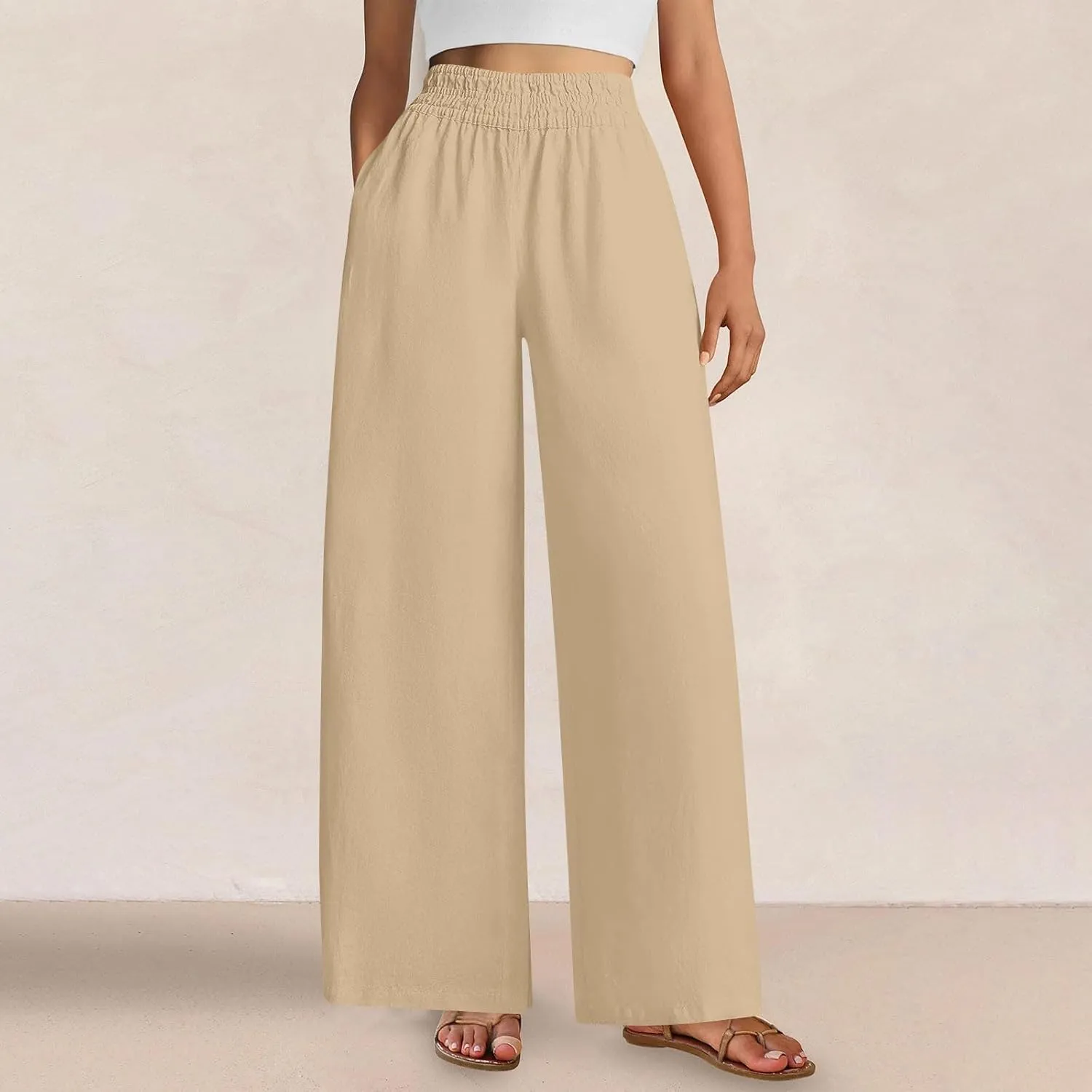 Wide Leg Pants Woman Cotton Linen Summer Dressy Casual Smocked High Waisted Palazzo Trousers with Pockets