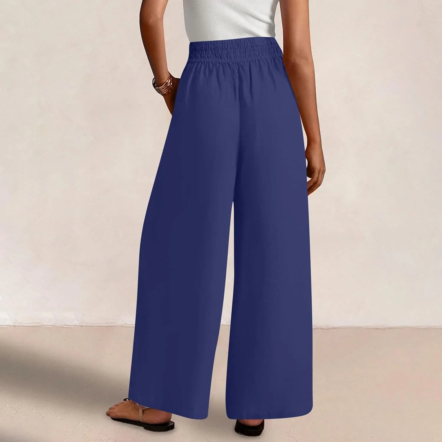 Wide Leg Pants Woman Cotton Linen Summer Dressy Casual Smocked High Waisted Palazzo Trousers with Pockets
