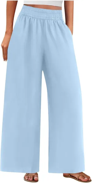 Wide Leg Pants Woman Cotton Linen Summer Dressy Casual Smocked High Waisted Palazzo Trousers with Pockets