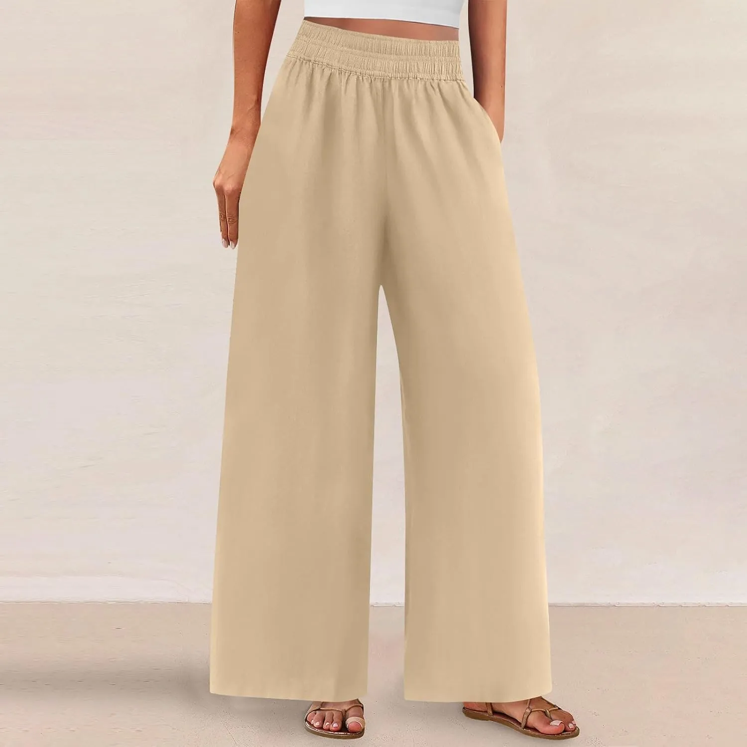 Wide Leg Pants Woman Cotton Linen Summer Dressy Casual Smocked High Waisted Palazzo Trousers with Pockets