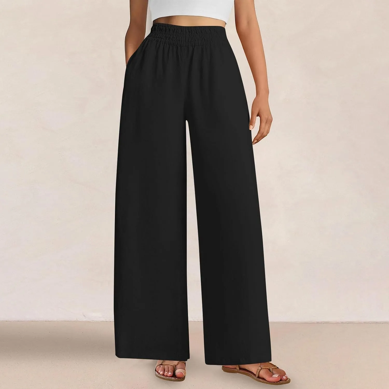 Wide Leg Pants Woman Cotton Linen Summer Dressy Casual Smocked High Waisted Palazzo Trousers with Pockets