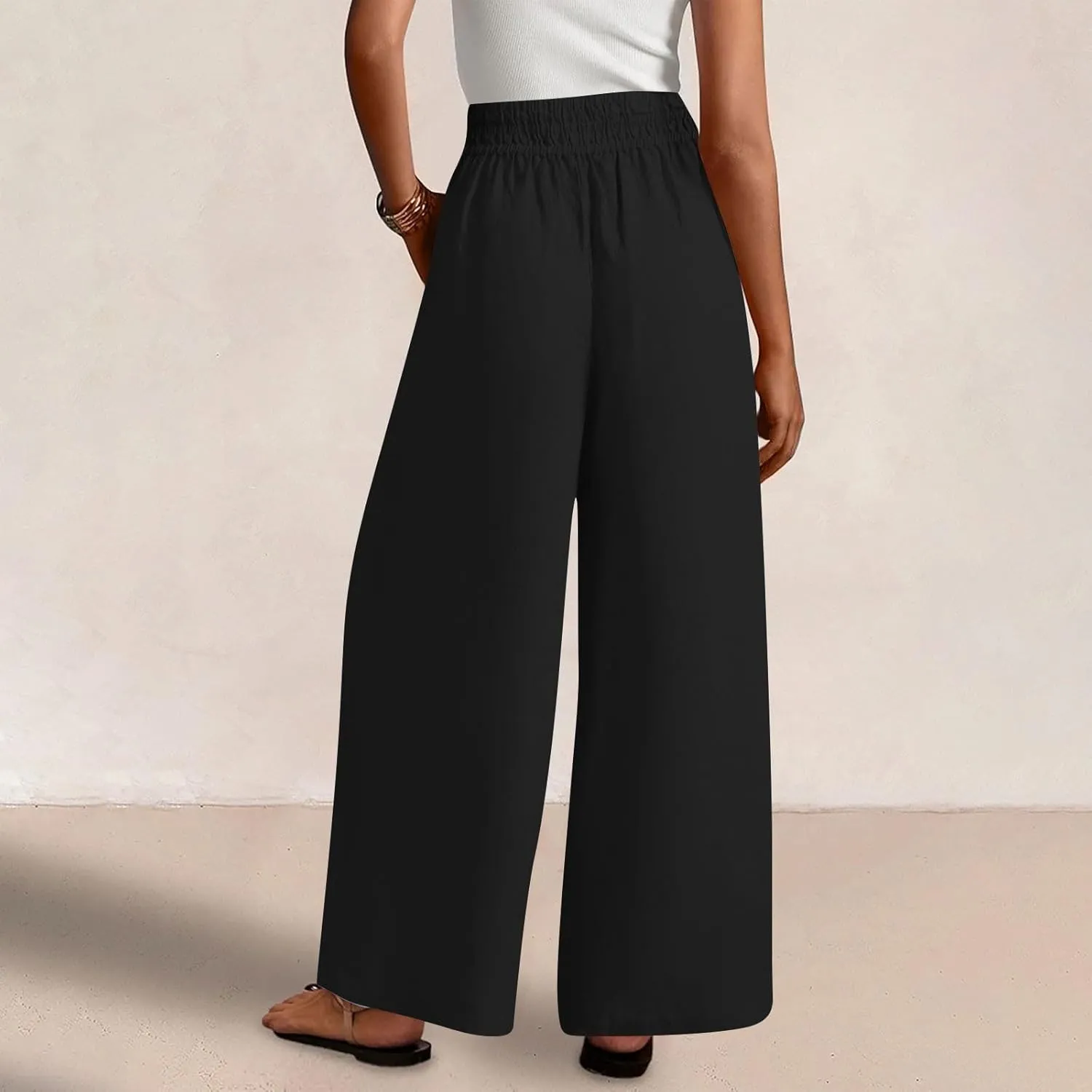Wide Leg Pants Woman Cotton Linen Summer Dressy Casual Smocked High Waisted Palazzo Trousers with Pockets