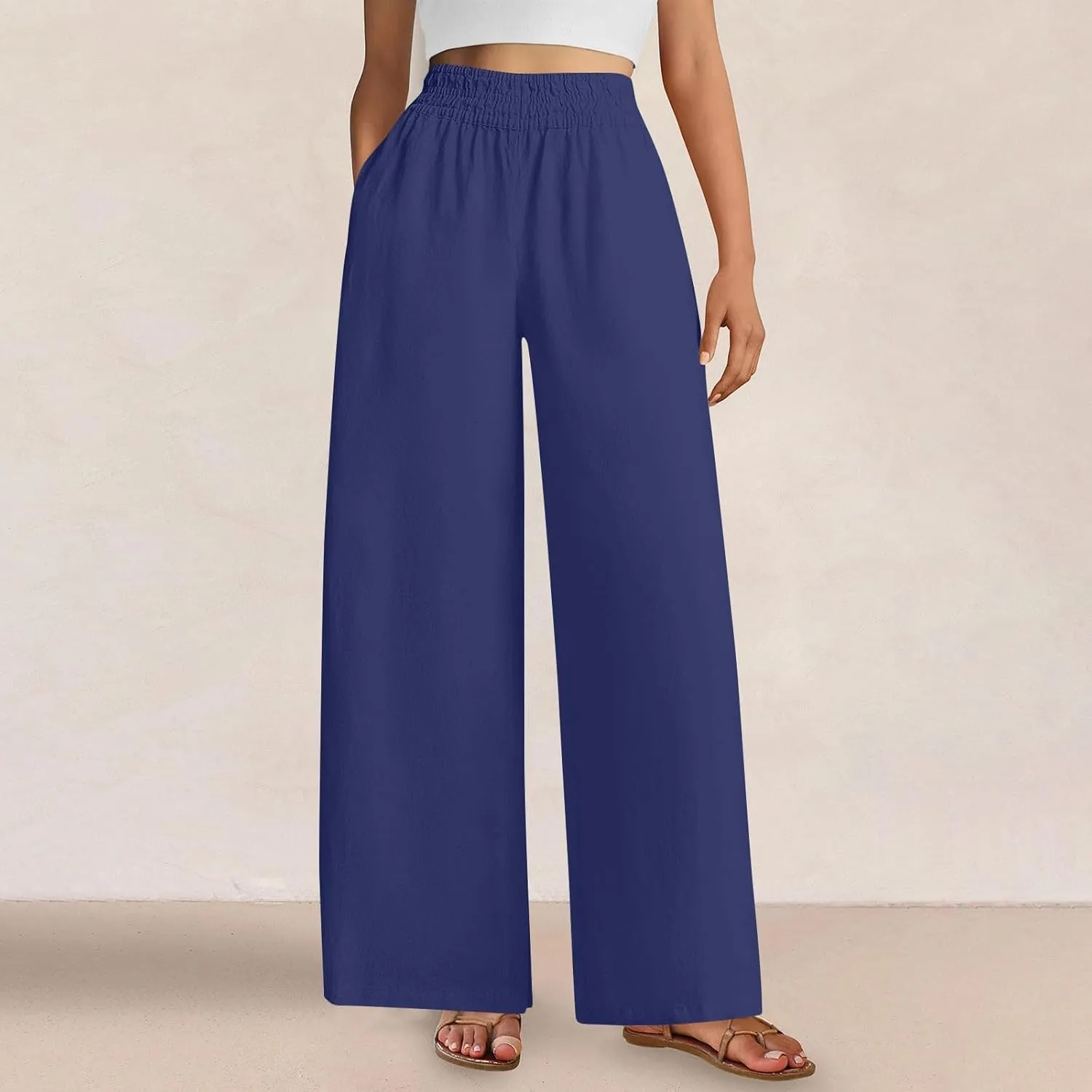 Wide Leg Pants Woman Cotton Linen Summer Dressy Casual Smocked High Waisted Palazzo Trousers with Pockets