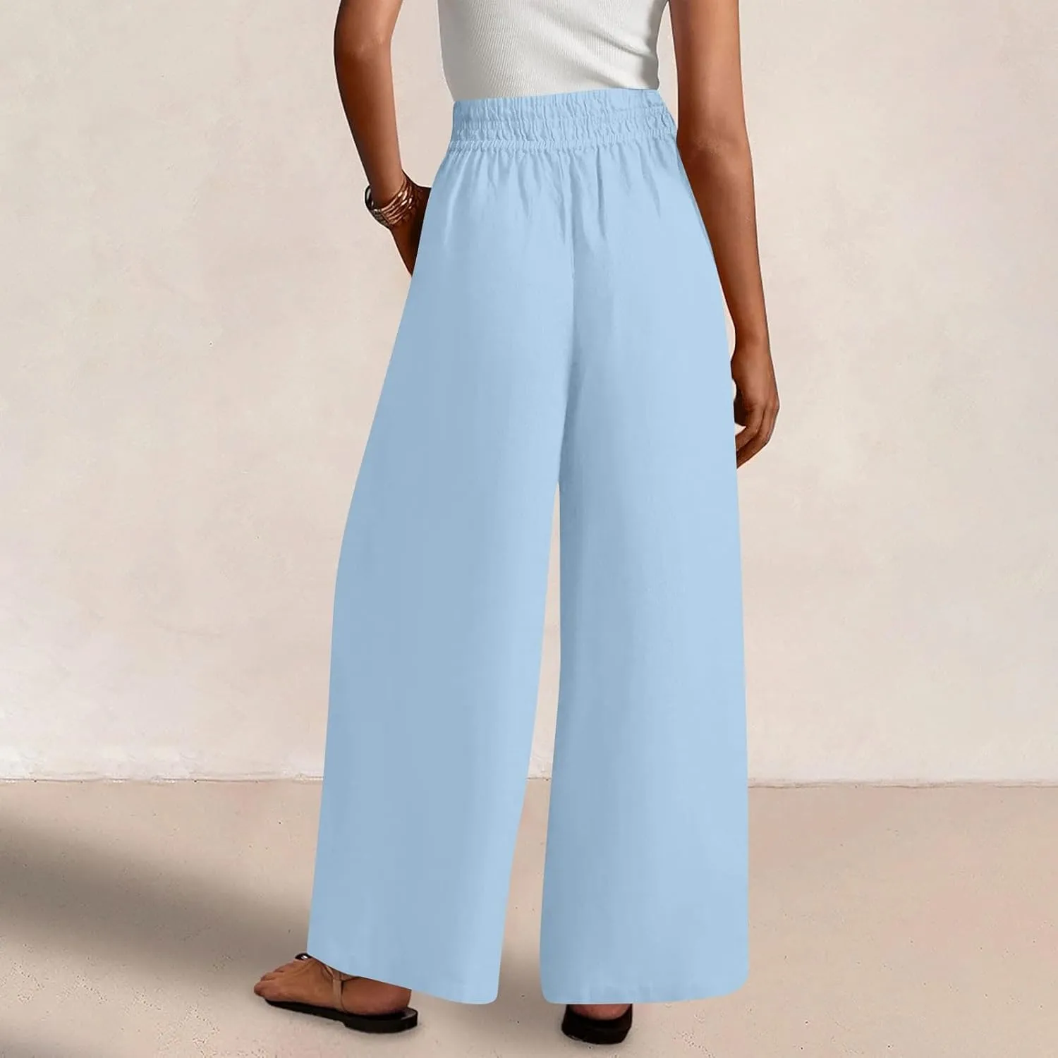 Wide Leg Pants Woman Cotton Linen Summer Dressy Casual Smocked High Waisted Palazzo Trousers with Pockets