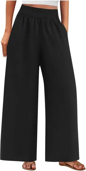 Wide Leg Pants Woman Cotton Linen Summer Dressy Casual Smocked High Waisted Palazzo Trousers with Pockets