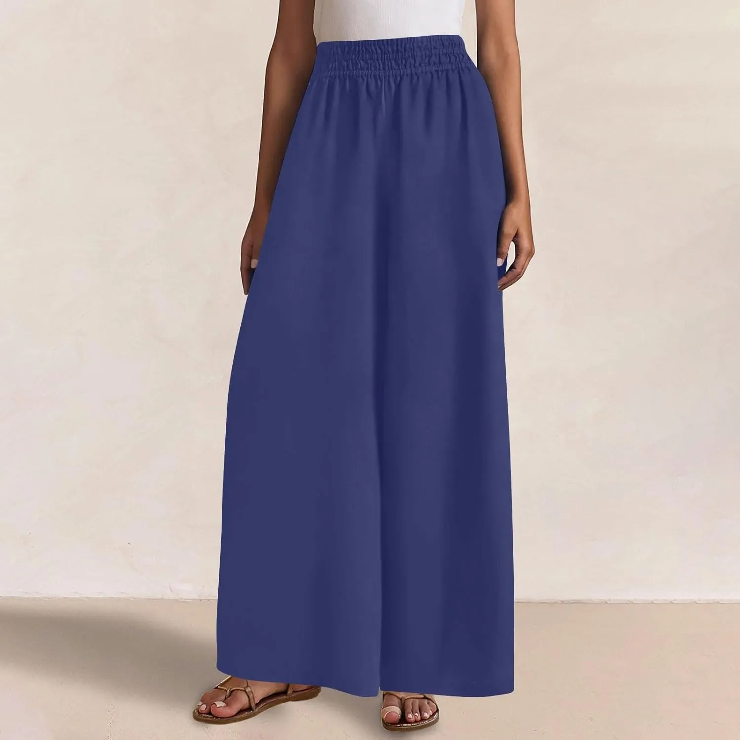 Wide Leg Pants Woman Cotton Linen Summer Dressy Casual Smocked High Waisted Palazzo Trousers with Pockets