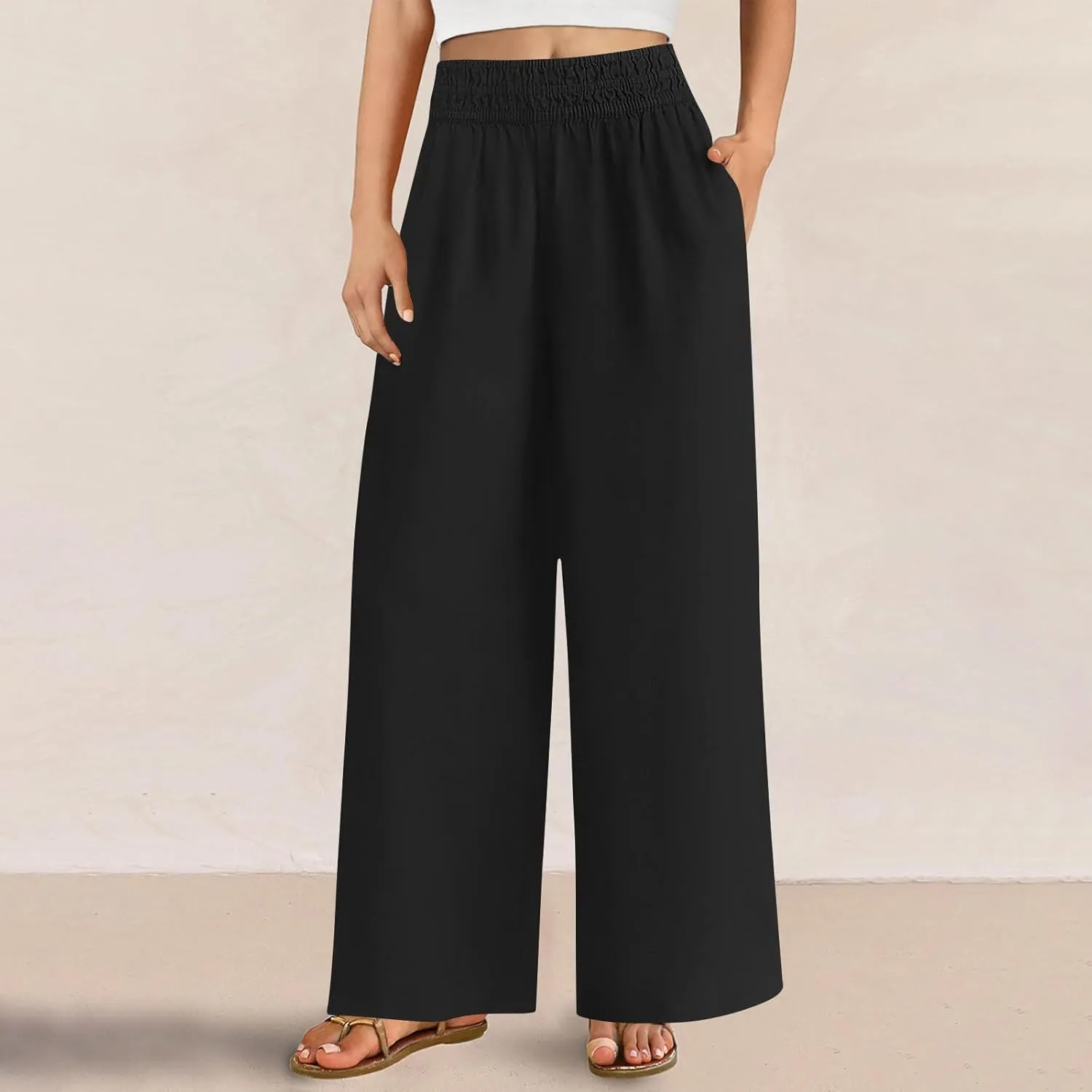 Wide Leg Pants Woman Cotton Linen Summer Dressy Casual Smocked High Waisted Palazzo Trousers with Pockets