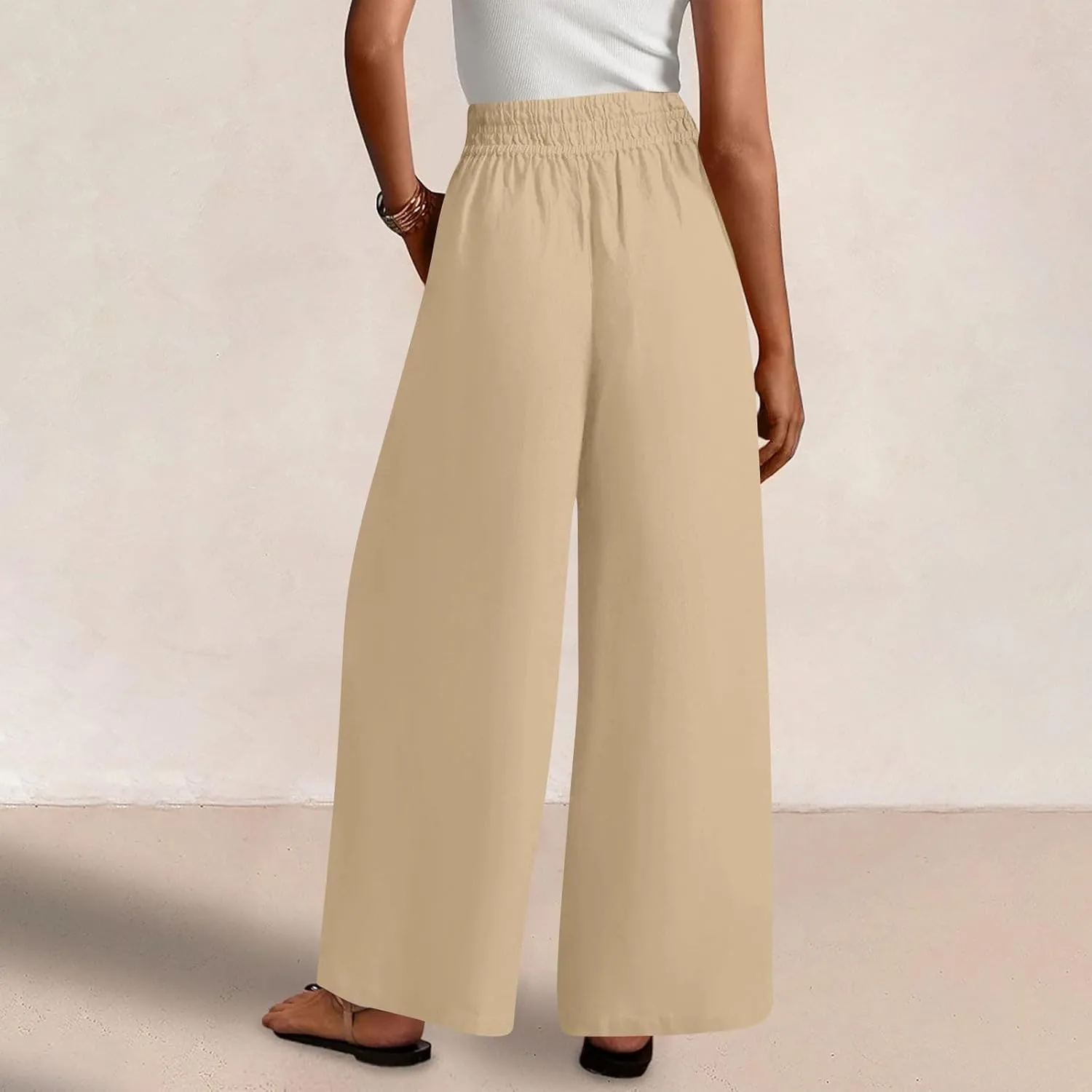 Wide Leg Pants Woman Cotton Linen Summer Dressy Casual Smocked High Waisted Palazzo Trousers with Pockets