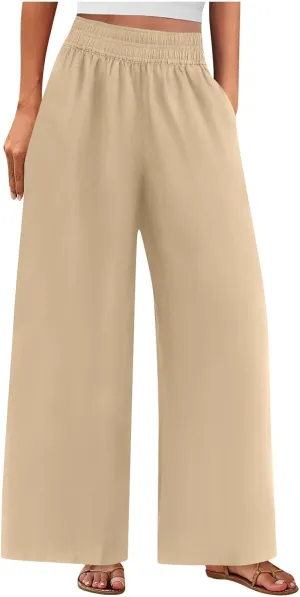Wide Leg Pants Woman Cotton Linen Summer Dressy Casual Smocked High Waisted Palazzo Trousers with Pockets