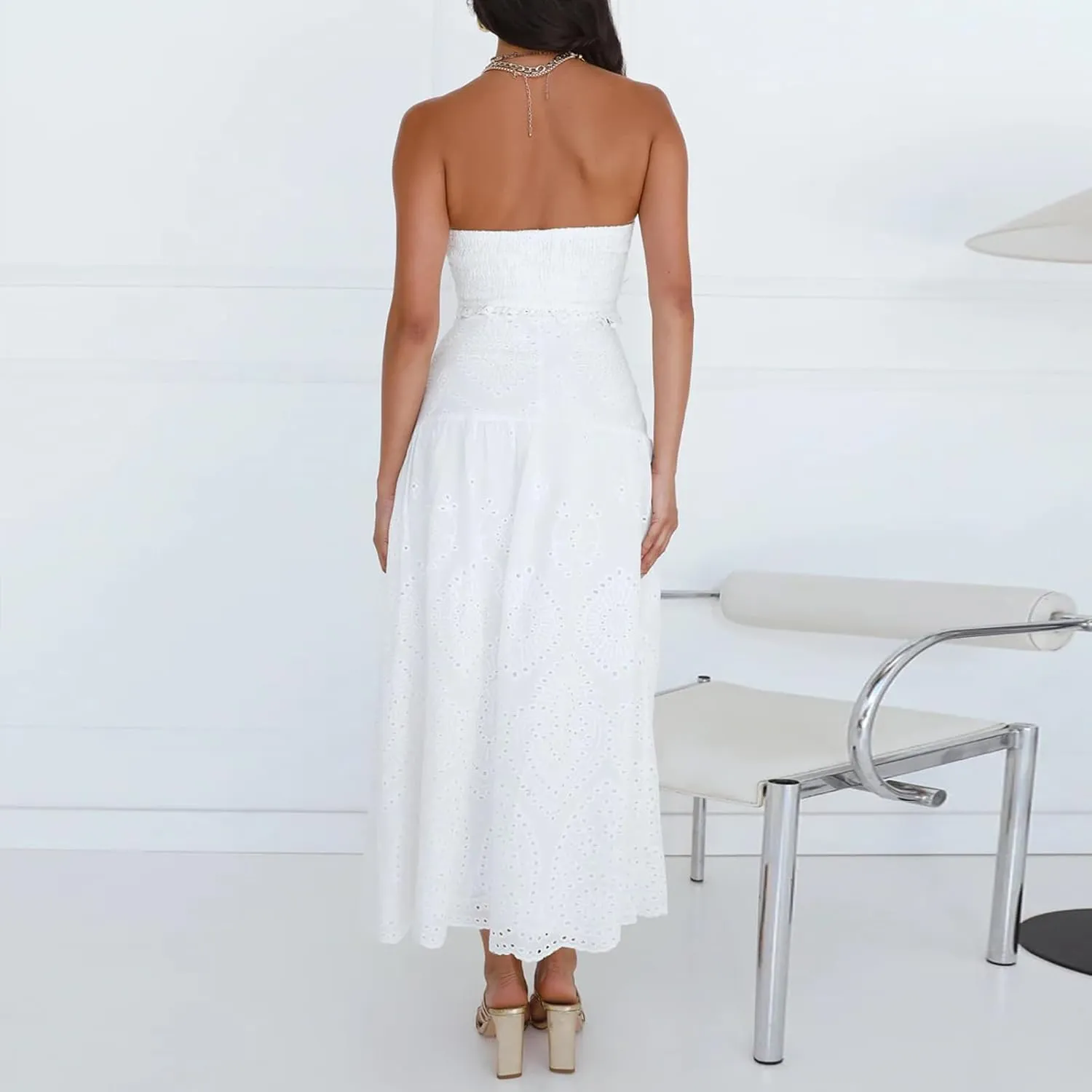 Women 2 Pieces Beach Outfits Summer Solid Color Sleeveless Crop Top Cotton Eyelet Maxi Skirt Set Boho Clothing