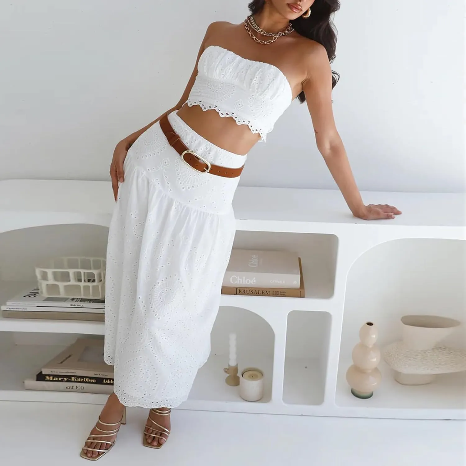 Women 2 Pieces Beach Outfits Summer Solid Color Sleeveless Crop Top Cotton Eyelet Maxi Skirt Set Boho Clothing