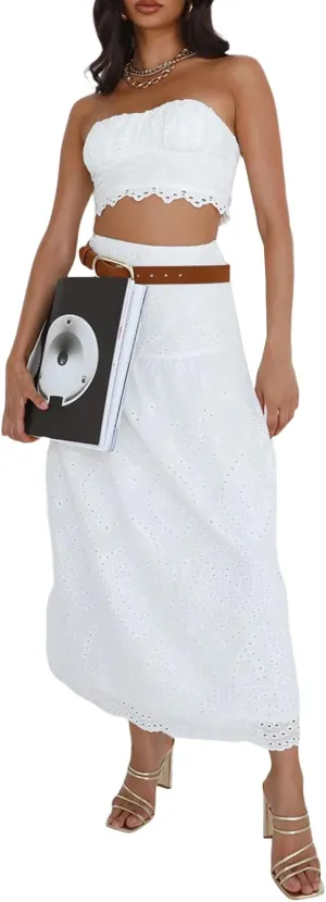 Women 2 Pieces Beach Outfits Summer Solid Color Sleeveless Crop Top Cotton Eyelet Maxi Skirt Set Boho Clothing