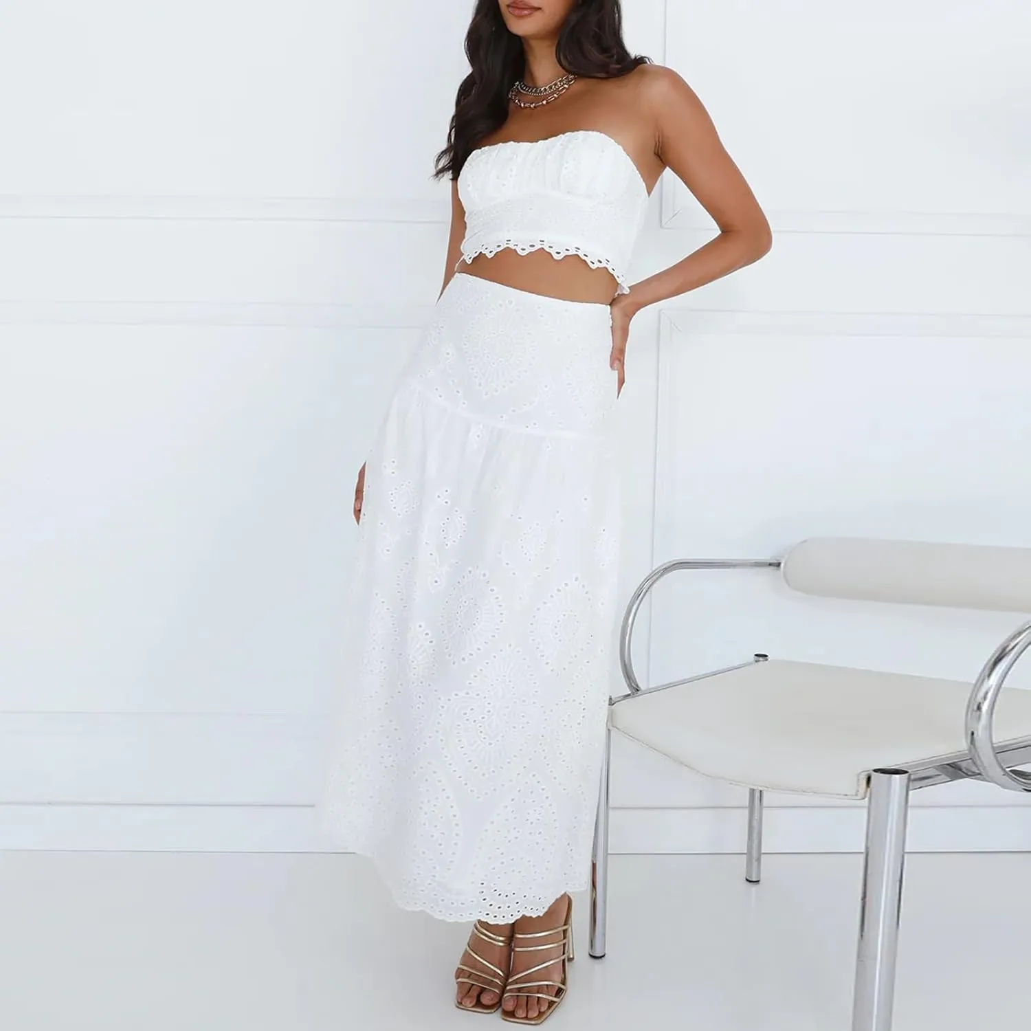 Women 2 Pieces Beach Outfits Summer Solid Color Sleeveless Crop Top Cotton Eyelet Maxi Skirt Set Boho Clothing