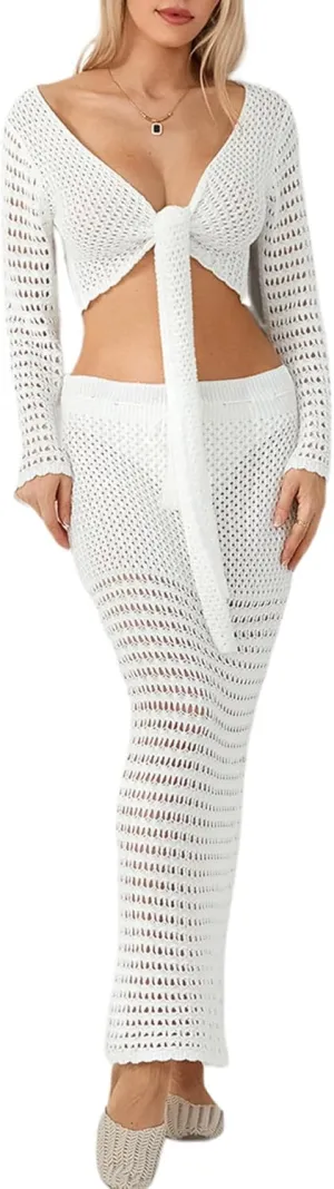 Women Crochet Knit 2 Piece Outfits Tie Front Hollow Out Long Sleeve Crop Tops with Bodycon Skirt Summer Beach Set