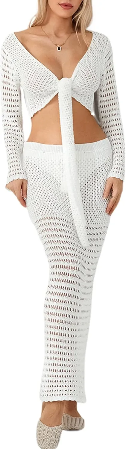 Women Crochet Knit 2 Piece Outfits Tie Front Hollow Out Long Sleeve Crop Tops with Bodycon Skirt Summer Beach Set