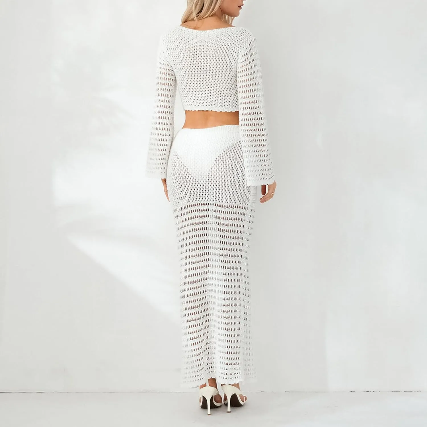 Women Crochet Knit 2 Piece Outfits Tie Front Hollow Out Long Sleeve Crop Tops with Bodycon Skirt Summer Beach Set