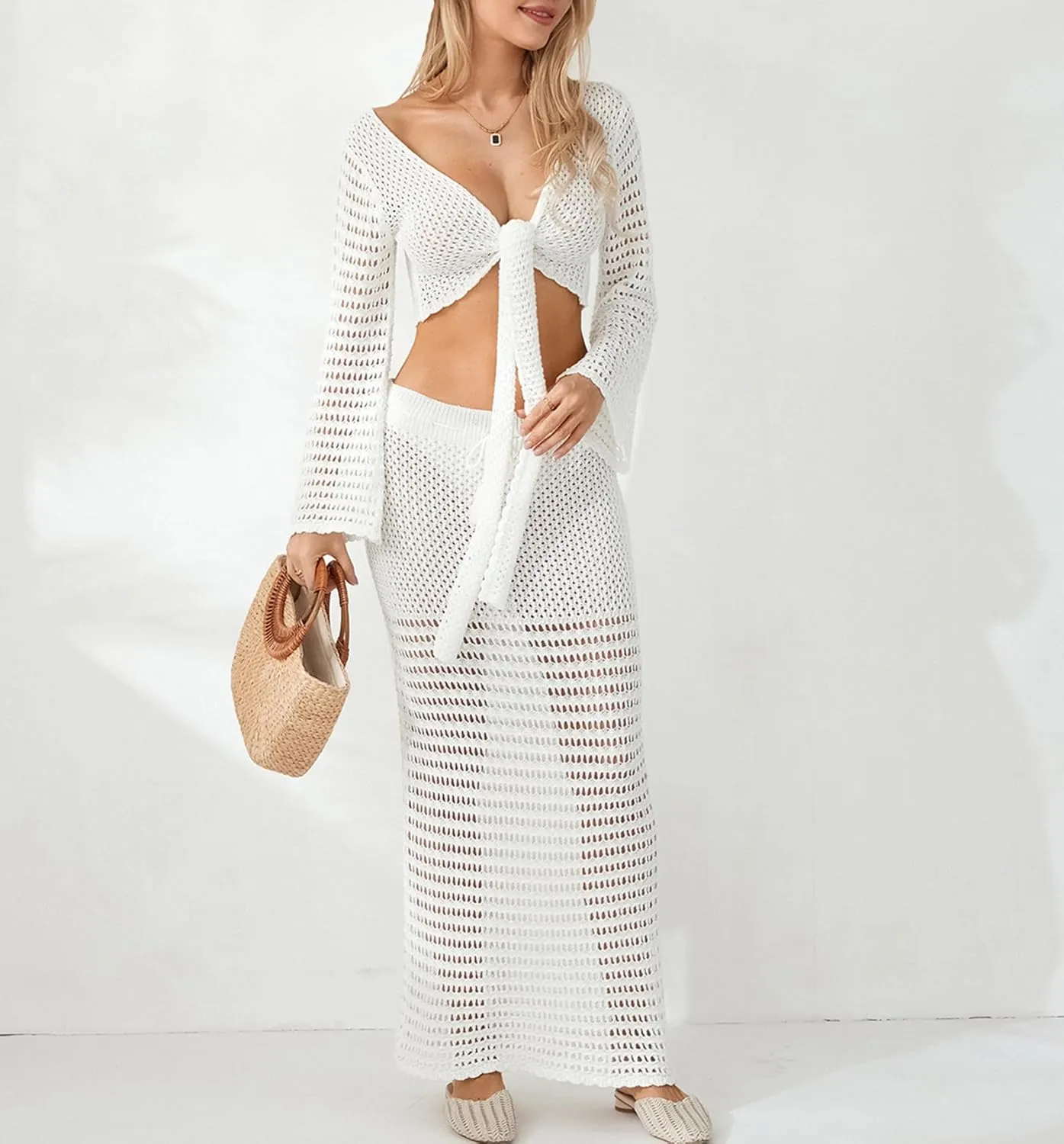 Women Crochet Knit 2 Piece Outfits Tie Front Hollow Out Long Sleeve Crop Tops with Bodycon Skirt Summer Beach Set