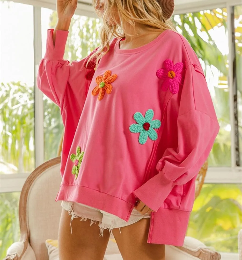 Women Floral Oversized Sweatshirts Long Sleeve Crewneck Graphic Print Hoodies Pullover Tops Y2k Fall Fashion
